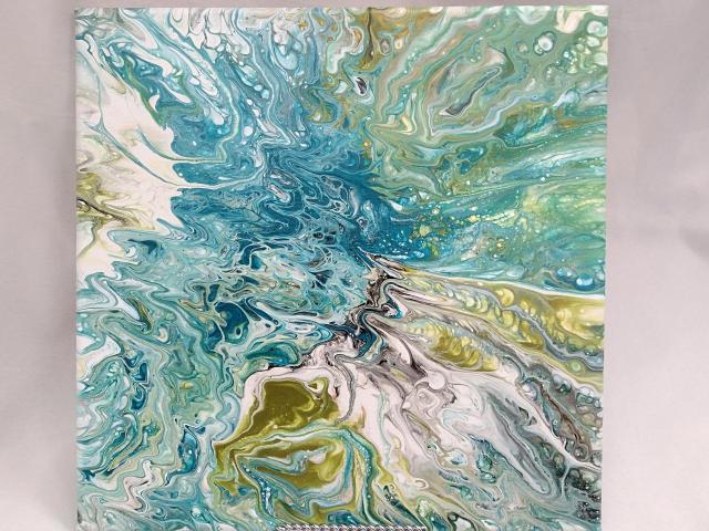 Green and Blue Abstract Original Acrylic Pour Painting, 12" x 12", Fluid Art Painting