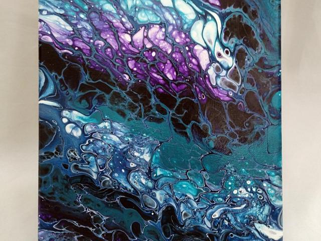 Turquoise and Purple Abstract Original Acrylic Pour Painting, 8" x 10", Fluid Art Painting