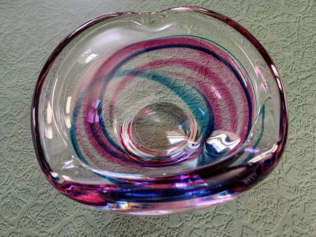 Vintage Signed Maastricht Blown Glass Ash Tray, Blue and Pink Bowl, Midcentury Modern Art Glass