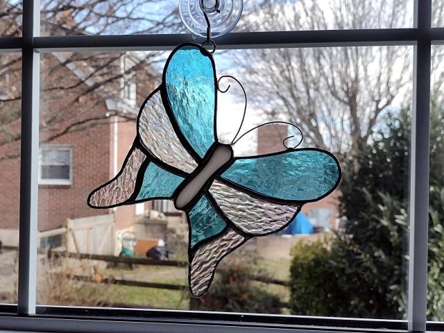 Stained Glass Butterfly Suncatcher, Aqua Blue and Iridescent Clear Cathedral Glass, Custom Colors Available