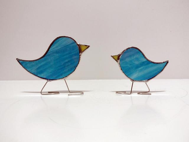 Momma and Baby Stained Glass Standing Birds Set, Blue Iridescent, Custom Colors Available