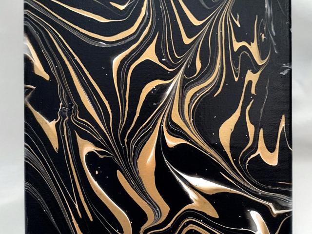 Black and Gold Abstract Original Acrylic Pour Painting, 8" x 10", Fluid Art Painting