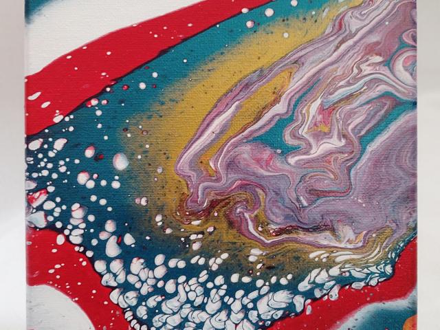 Red, Blue, Gold, and Purple Abstract Original Acrylic Pour Painting, 8" x 10", Fluid Art Painting