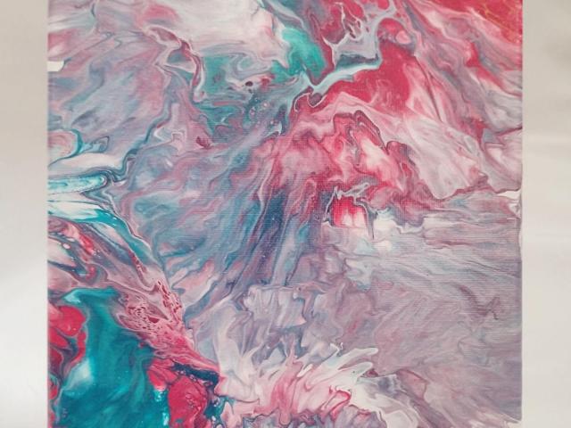 Pink, Blue, and Gray Abstract Original Acrylic Pour Painting, 8" x 10", Fluid Art Painting