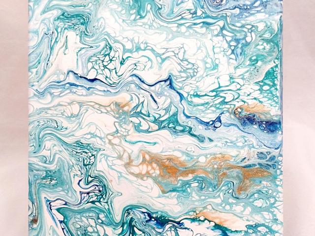 Blue and Gold Abstract Original Acrylic Pour Painting, 9" x 12", Fluid Art Painting
