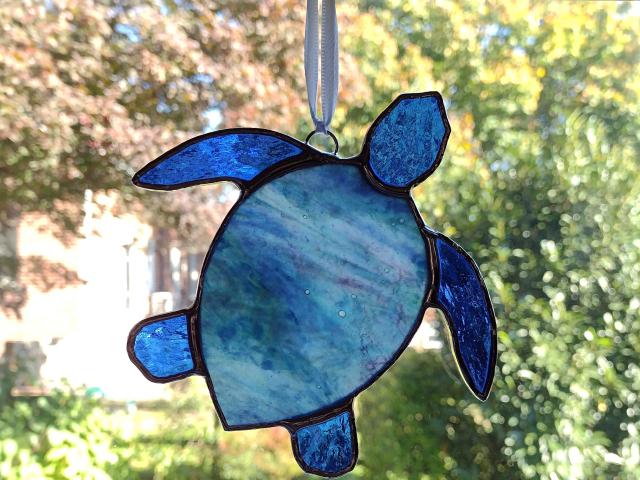 Stained Glass Sea Turtle Suncatcher, Blue Youghiogheny Glass