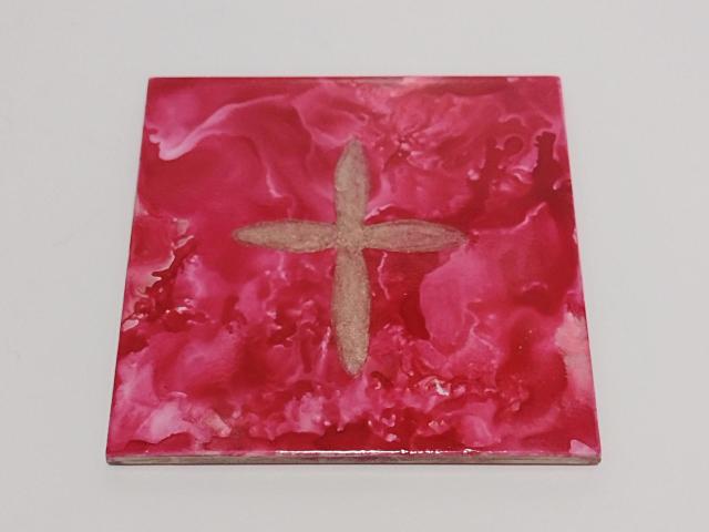 Alcohol Ink Ceramic Tile Trivet, 6" x 6", Red with Gold Metallic Cross