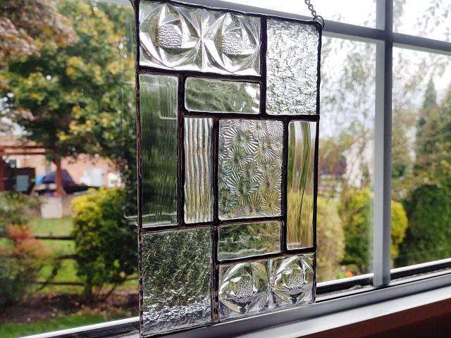 Clear Mondrian Style Geometric Stained Glass Suncatcher