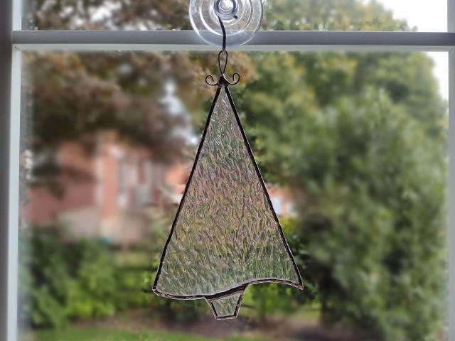 Stained Glass Christmas Tree Suncatcher / Ornament, Clear Iridescent Glass