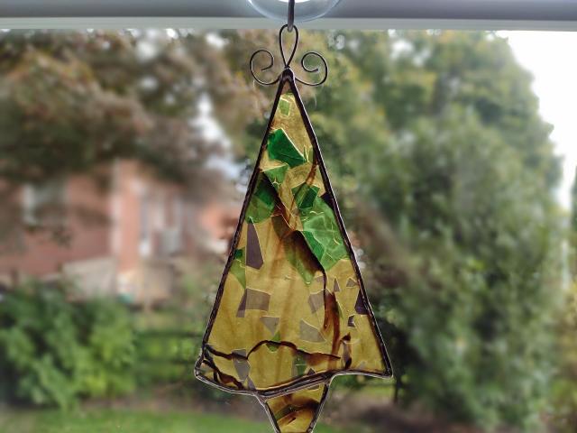 Stained Glass Fall Tree Suncatchers / Ornaments, Set of Two, Gold Confetti Glass