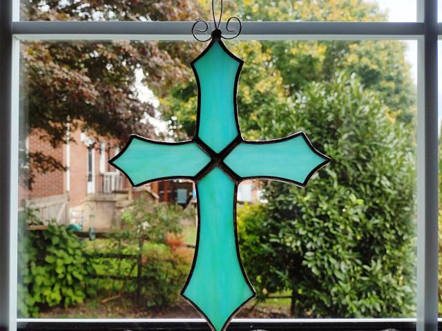 Stained Glass Cross Suncatcher, Aqua Blue Swirl