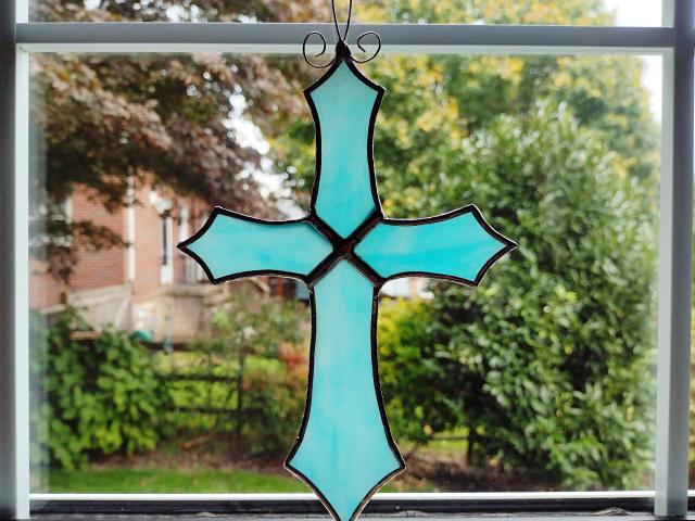 Stained Glass Cross Suncatcher, Blue and White Swirl
