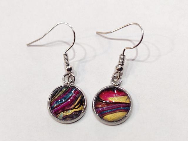 Painted Earrings, Gold, Pink and Blue Stripes