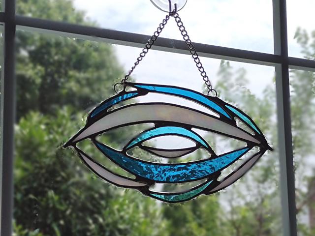 Stained Glass Abstract Suncatcher / Beachy Abstract in Blues and Iridescent White