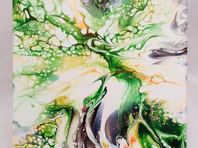 Green, Orange, and White Abstract Original Acrylic Pour Painting, 12" x 12", Fluid Art Painting