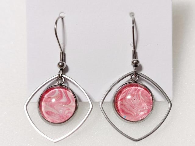 Painted Earrings, Coral Pink Swirl Squares