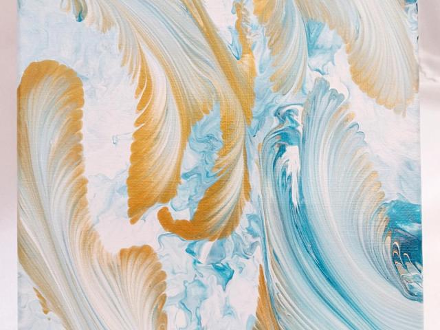 Blue and Gold Feathers Abstract Original Acrylic Pour Painting, 8" x 10", Fluid Art Painting