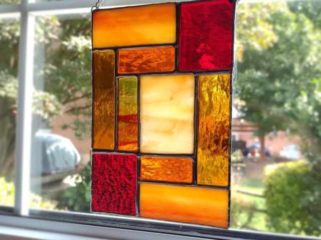 Geometric Mondrian Style Suncatcher, Orange and Red