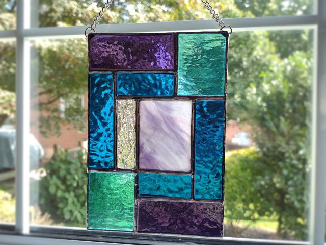 Geometric Mondrian Style Suncatcher, Blue and Purple