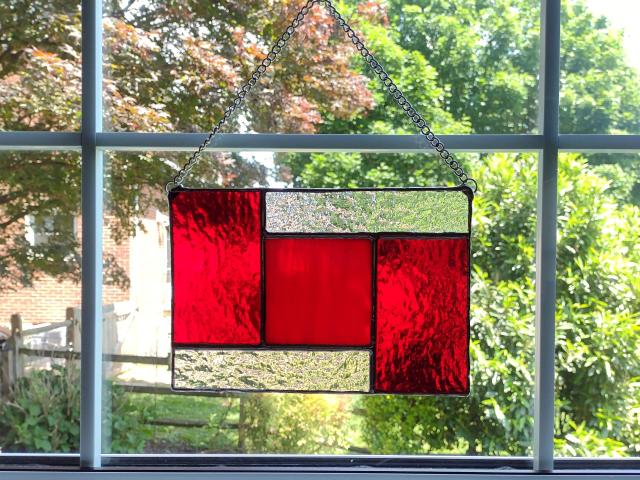 Geometric Mondrian Style Suncatcher, Red and Clear Cathedral and Opalescent Glass