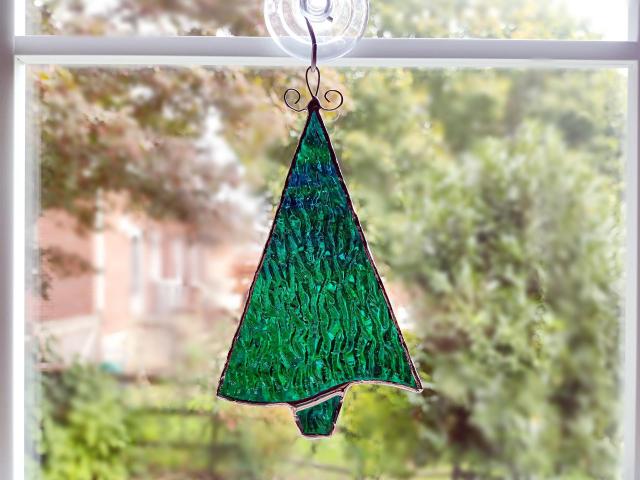 Stained Glass Christmas Tree Suncatcher / Ornament, Green Iridescent Cathedral Glass