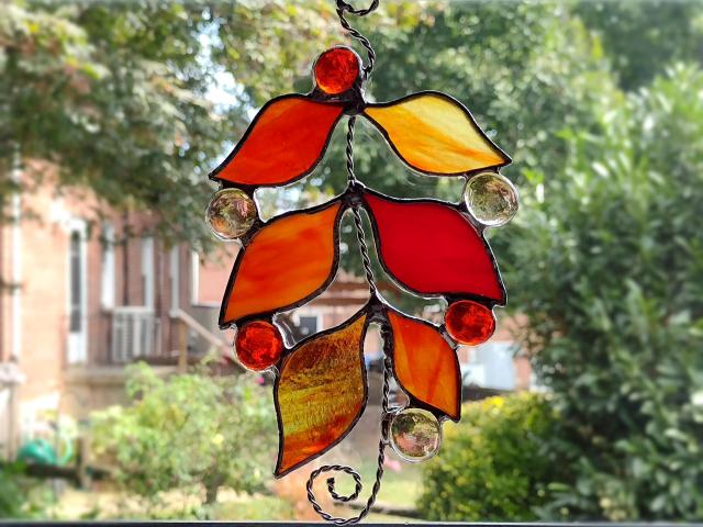 Stained Glass Fall Leaves with Glass Jewels
