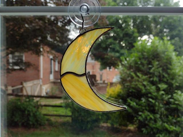 Crescent Moon Stained Glass Suncatcher, Yellow Swirled Corsica Glass