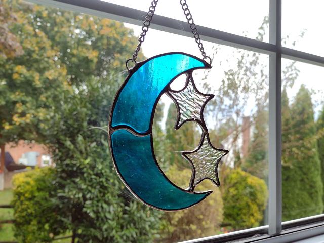 Iridescent Blue Moon and Stars Stained Glass Suncatcher