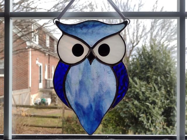 Blue Stained Glass Owl Suncatcher