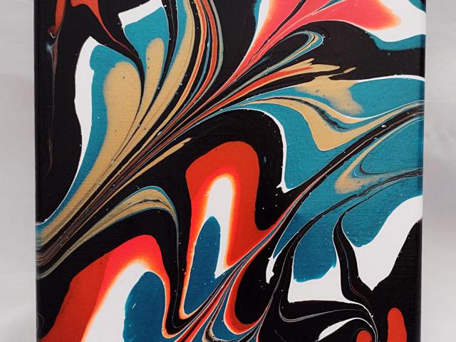 Orange, Blue, Black, and Gold Abstract Original Acrylic Pour Painting, 8" x 10", Fluid Art Painting