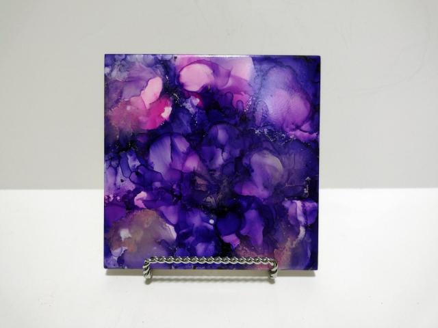 Alcohol Ink Ceramic Tile Trivet, 6" x 6", Deep Purple and Pink Abstract Fluid Painting