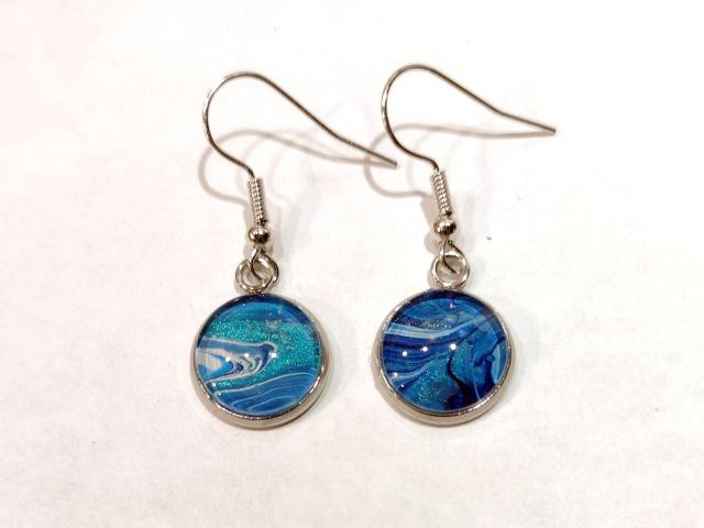 Painted Earrings, Blue and Silver Swirl