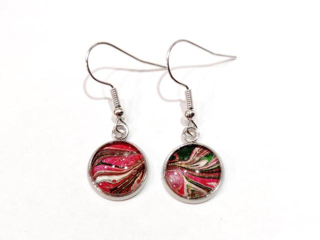 Painted Earrings, Red, Green, and Silver, Holiday Jewelry