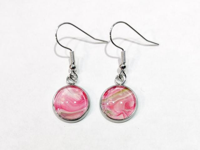Painted Earrings, Pink, White, and Green Swirl
