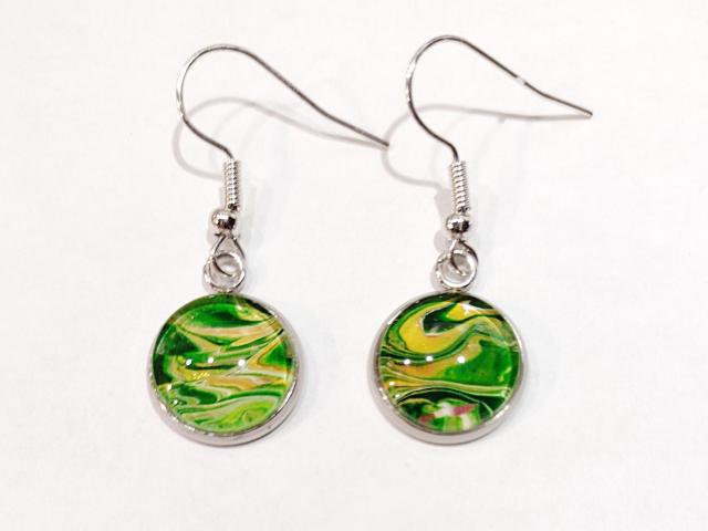 Painted Earrings, Green and Gold Swirls, Fall Earrings