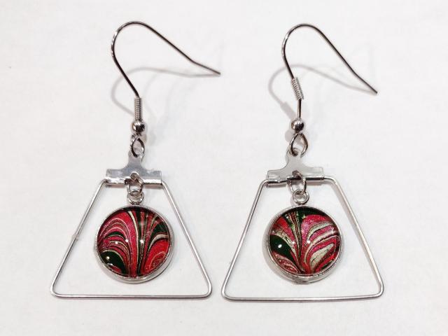 Painted Earrings, Red, Green, and Silver Trapezoid, Holiday Earrings