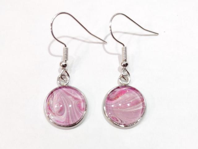 Painted Earrings, Pink and White Swirls