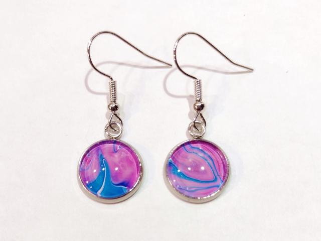 Painted Earrings, Pink and Blue Swirls