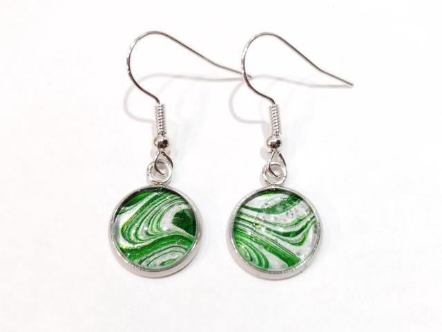 Painted Earrings, Green and Silver Swirls, Holiday Earrings
