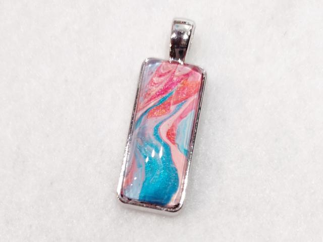 Painted Pendant, Coral Pink and Blue Swirls