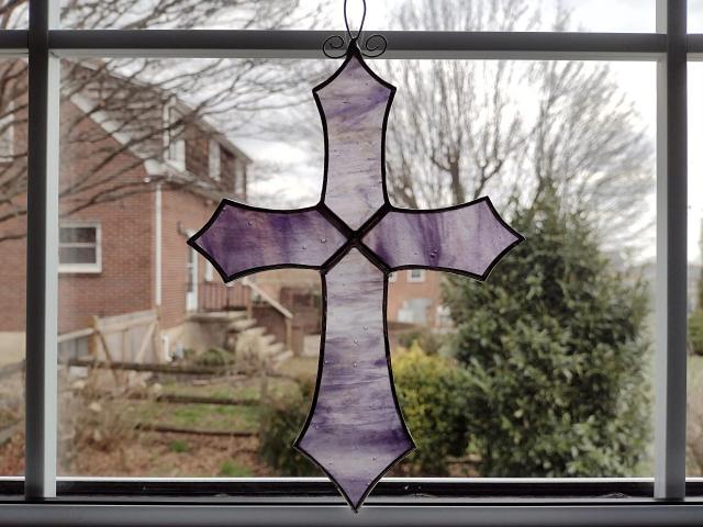 Stained Glass Cross Suncatcher, Purple Swirl