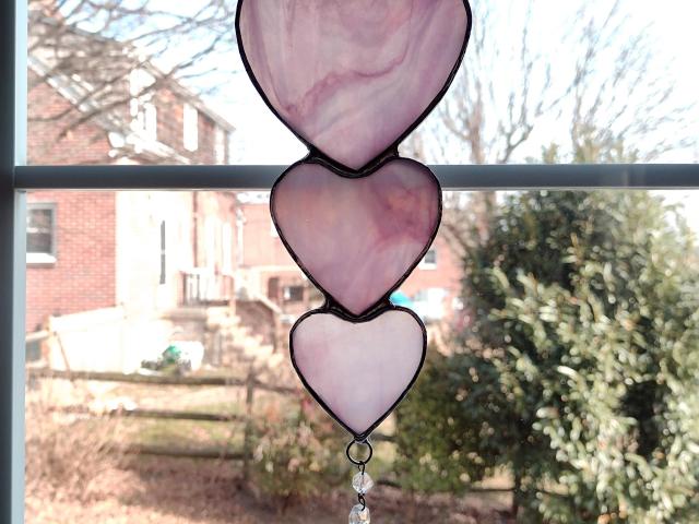 Pink Nesting Stained Glass Hearts Suncatcher with Dangling Vintage Crystals