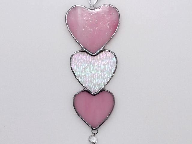 Nesting Hearts Stained Glass Suncatcher, Pink and Clear Iridescent
