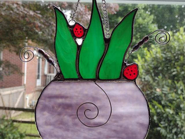 Stained Glass Potted Snake Plant Suncatcher with Lady Bugs