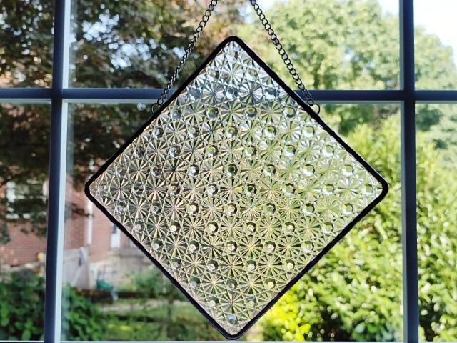 Diamond Cut Vintage Clear Glass Plate Window Hanging