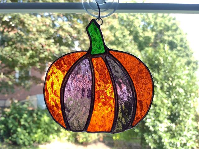 Pumpkin Stained Glass Suncatcher, Orange and Purple Cathedral Glass