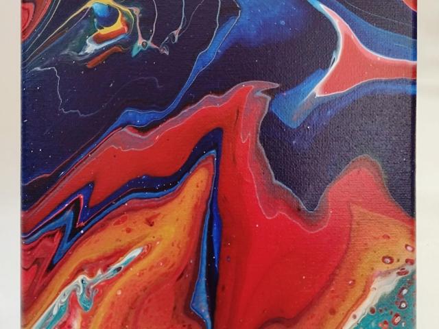 Moody Blue and Red Abstract Original Acrylic Pour Painting, 8" x 10", Fluid Art Painting