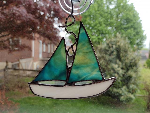 Stained Glass Sailboat Suncatcher, Blue Swirled Youghiogheny