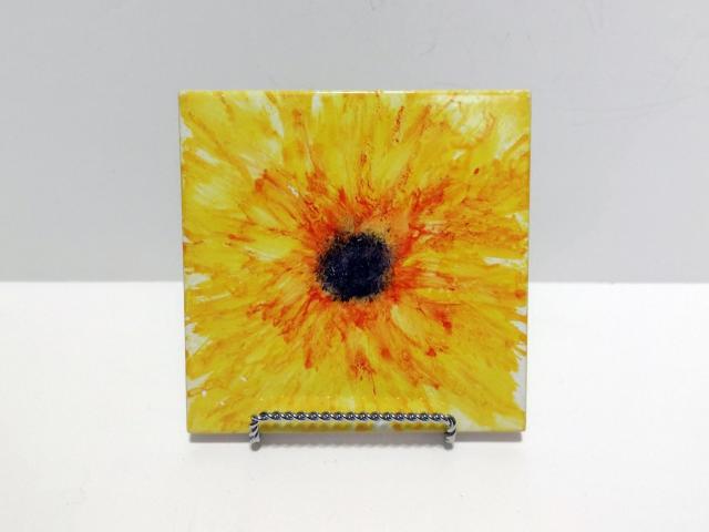 Alcohol Ink Ceramic Tile Trivet, 6" x 6", Orange and Yellow Sunflower Painting