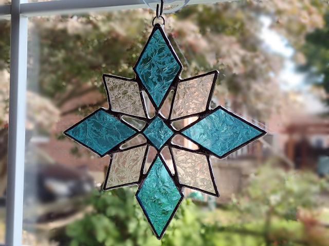 Blue Snowflake Stained Glass Suncatcher, Lacy Glue Chip Glass